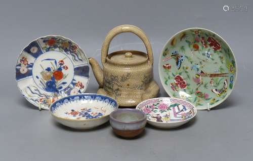 Chinese Imari pattern dishes, two others, a teapot, height 1...