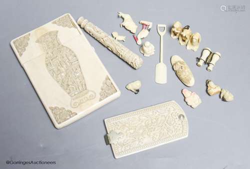 A late 19th century Chinese carved ivory card case, a simila...