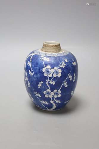 A Chinese Kangxi blue and white prunus jar, lacking cover, h...