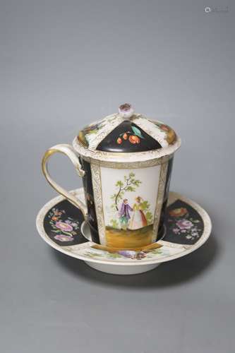 A late 19th century Dresden chocolate cup, cover and stand, ...