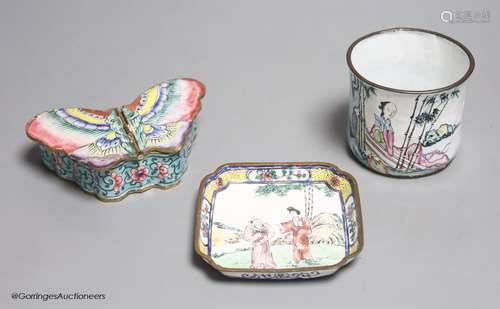 Three Chinese Canton enamel wares, square dish with seal mar...