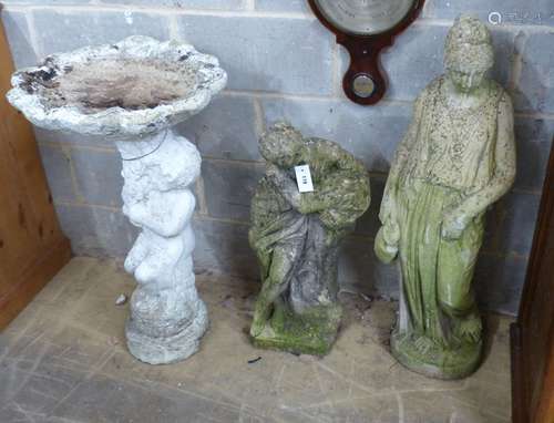 Two reconstituted stone garden statues and a bird bath, larg...