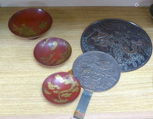 A Japanese lacquer makie three set of bowls and two mirrors,...