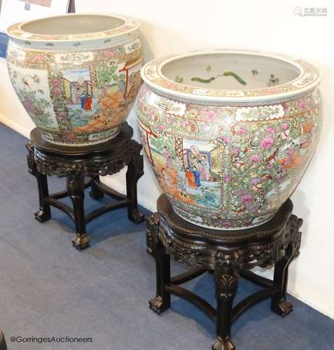 A pair of Chinese famille rose gold fish bowls, 56cm diamete...