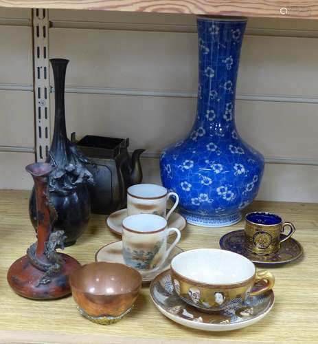 A group of Japanese and Chinese items, bronze ceramics, tall...