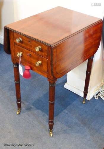 A George IV ebony strung mahogany Pembroke work table, 81 cm...