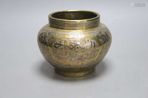 A Cairo ware brass multi-metal inlaid jardiniere, height 13c...