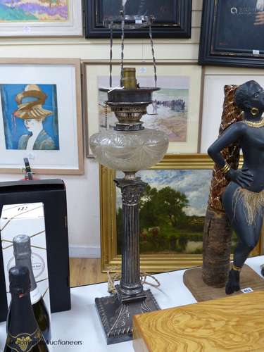 A silver plated oil Corinthian column lamp base, height over...