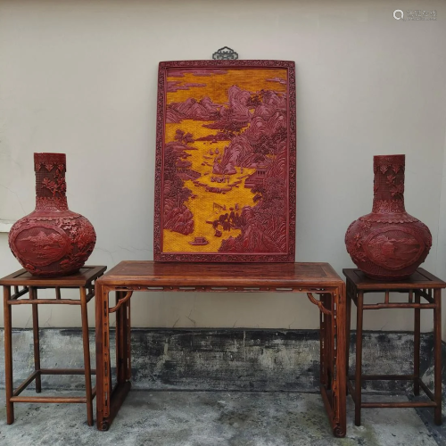 A CHINESE CARVED LACQUER LANDSCAPE-FIGURES TABLE SCREEN