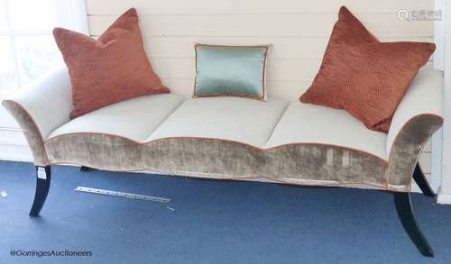 A herringbone and velvet upholstered window seat, 174cm long...