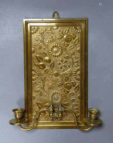 An Aesthetic period two-branch brass wall sconce, height 38c...