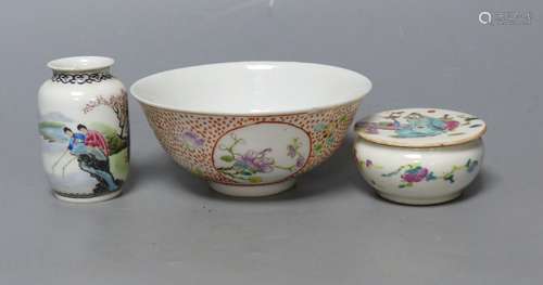 A Chinese bowl, diameter 13cm, a miniature vase and a lidded...