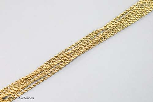 A 15ct fine ropetwist guard chain, 147cm,12.1 grams.