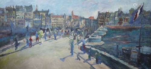 French School, oil on canvas, Harbour scene, 123 x 245cm