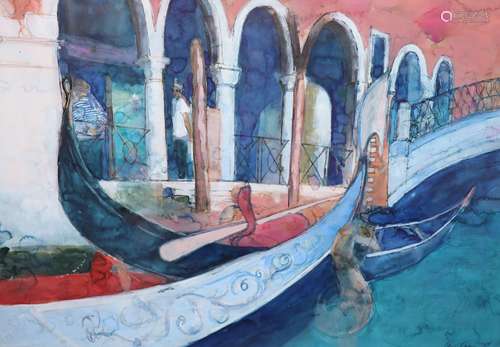 Ann Oram (b.1956), mixed media on paper, Venetian Gondoliers...