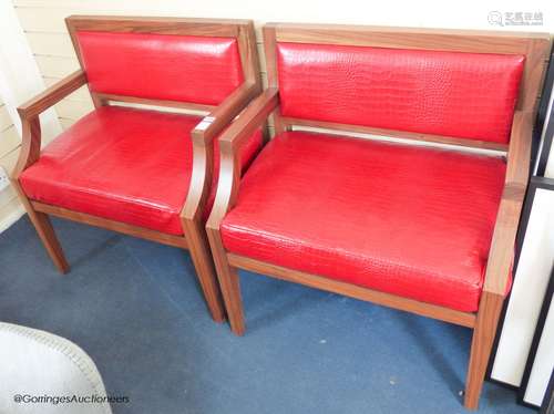 A pair of contemporary walnut and faux crocodile armchairs, ...