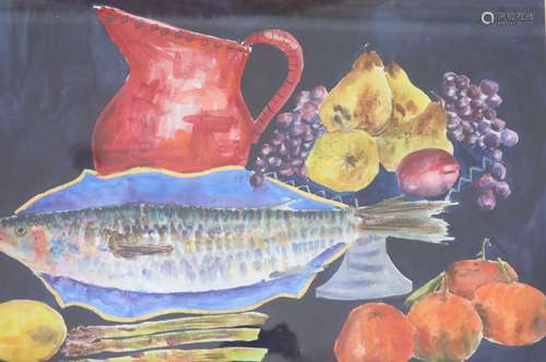 Hillary Rosen, watercolour, Fish with red vase, Boundary Gal...