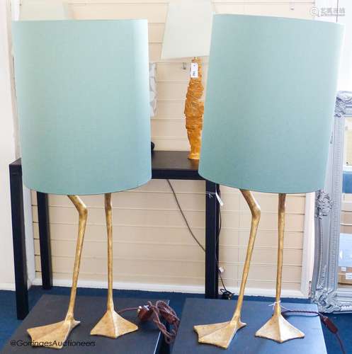 A pair of gilt composition 'goose leg' table lamps, duck egg...