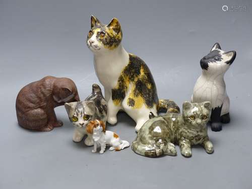 Two Winstanley ceramic cats, three others and a dog, tallest...