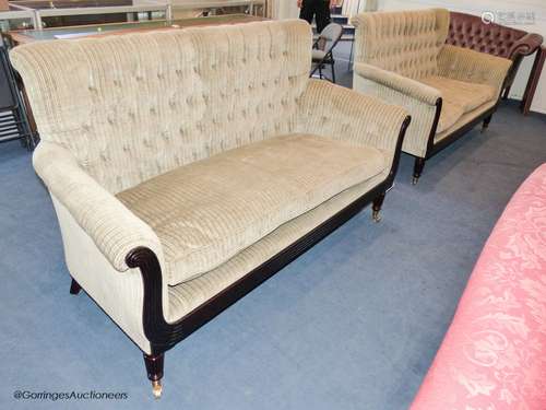 A pair of George IV style mahogany button back sofas, 181 cm...