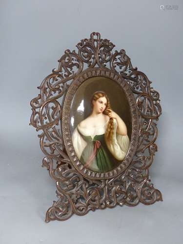 A large 19th century painted Paris porcelain plaque of a gir...