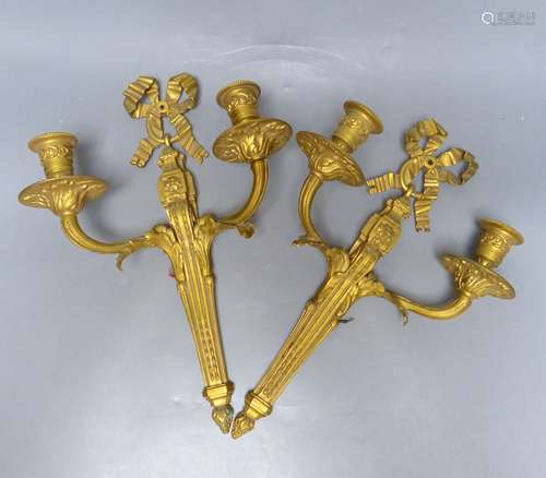 A pair of Louis XVI style ormolu two branch wall lights, hei...