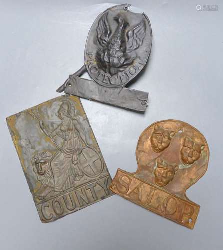 Three embossed tinplate fire marks - 'County' 'Salop' and 'E...