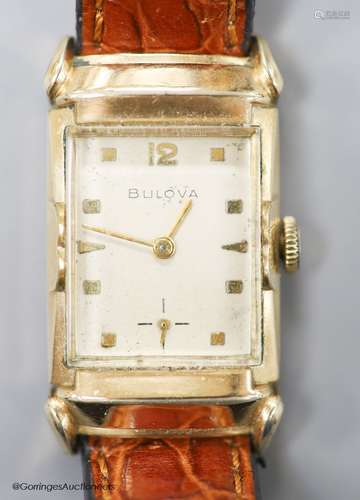 A gentleman's 1930's 10k rolled gold Bulova manual wind rect...