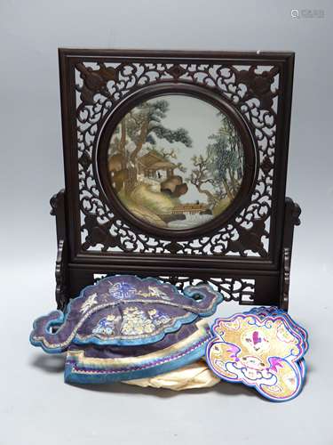 A carved Chinese table stand, 43cm, a mandarin hat and a set...