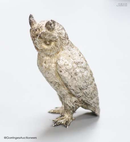 A modern free standing miniature silver model of an owl, C.F...