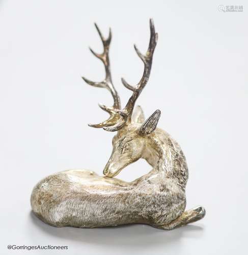 A modern silver miniature model of a recumbent stag C.F.H & ...