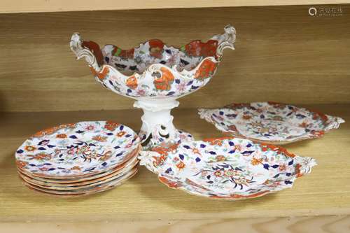 A 19th century English porcelain Imari pattern part dessert ...