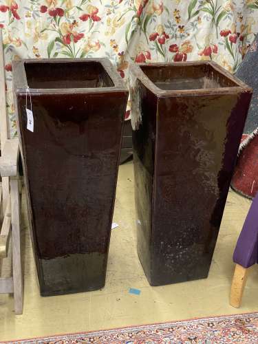 A pair of large brown glazed pottery garden planters, height...