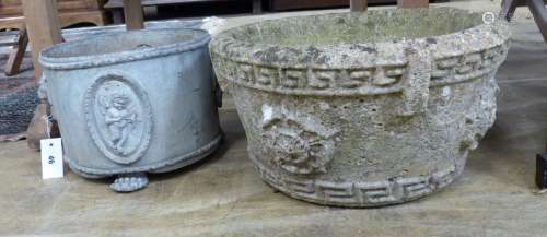 An Edwardian lead garden urn, diameter 33cm and a later comp...