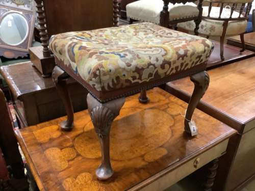 A Queen Anne style carved walnut stoolwith tapestry upholste...