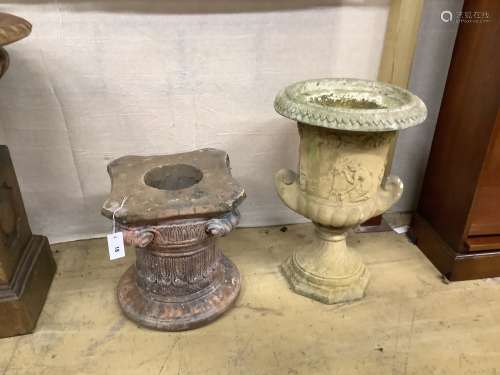 A reconstituted stone garden urn, a.f., height 61cm and an a...