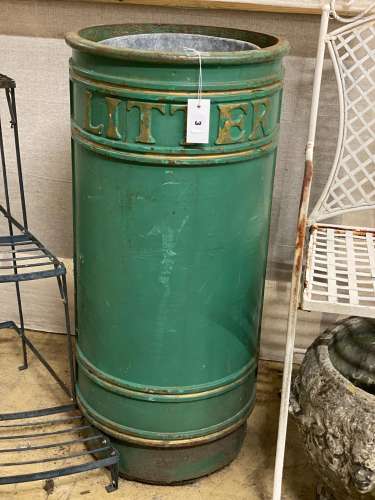 A green painted cast iron litter bin with zinc liner, height...