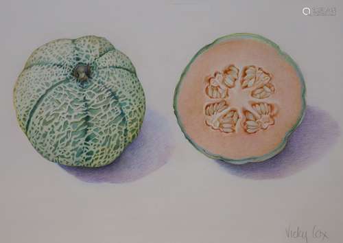 Vicky Cox (1943-1999), watercolour, Study of a melon, signed...