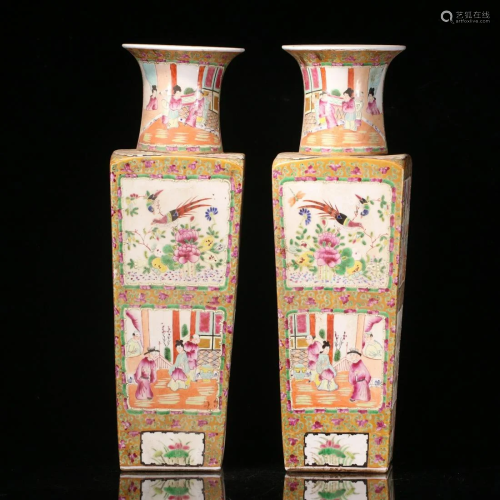 PAIR CHINESE GUANG-CAI PORCELAIN SQUARE VASES