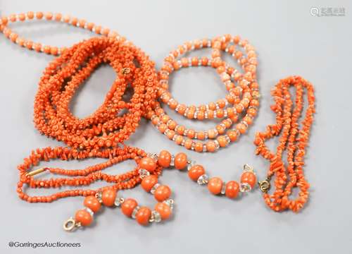 Four assorted coral bead necklaces, largest 148cm and a cora...