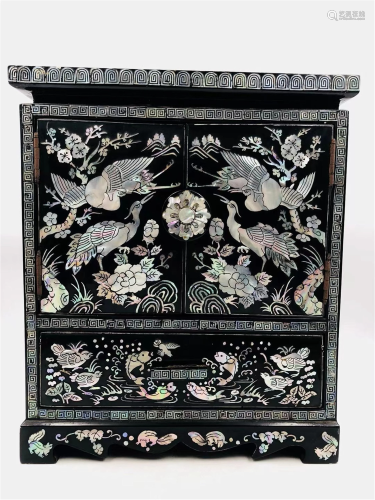 A MOTHER-OF-PEARL INLAID LACQUER-WARE JEWELLERY CABINET