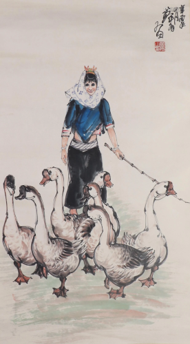 A CHINESE PAINTING OF LADY AND GEESE
