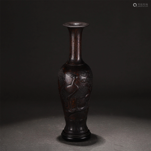 A CHINESE CHENXIANG WOOD PINE TREE AND CRANE VASE