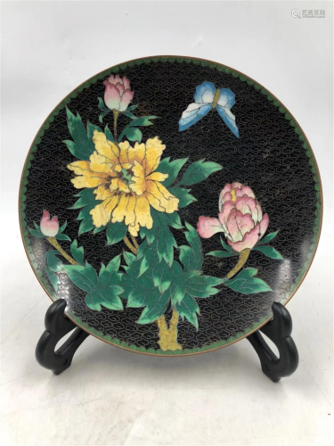 A CLOISONNE ENAMEL BUTTERFLY AND FLOWERS CIRCULAR…