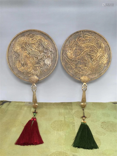 A PAIR OF SILVER WIRES DRAGON PHOENIX CIRCULAR FANS