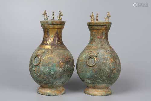Chinese A Pair Of Bronze Gold Gilded Bottle Inlaid With Turq...