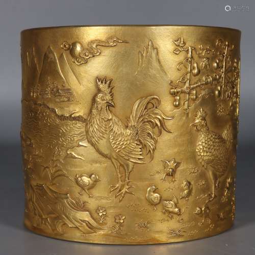 Chinese Porcelain Carving Gold Painted Brush Pot