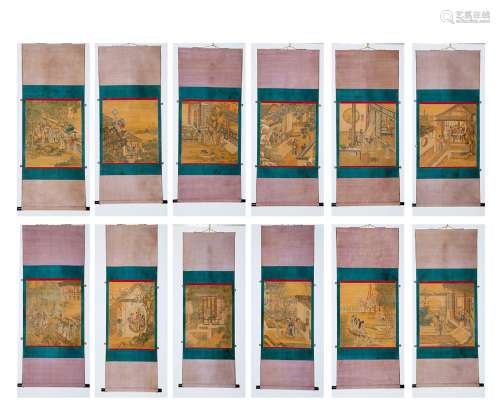 Chinese  Painting Of Twelve Screens Of Figure Story - Chou Y...