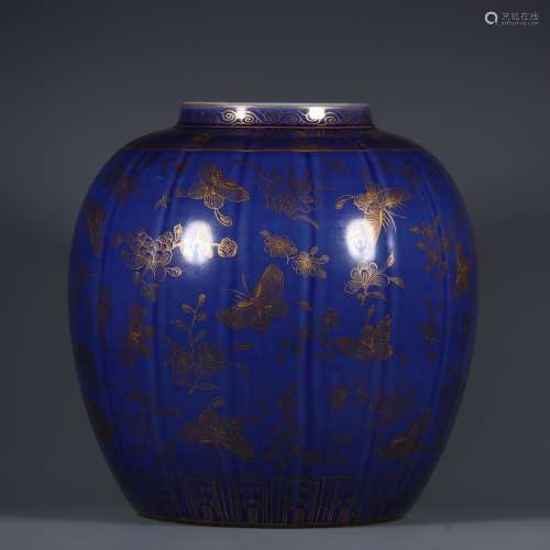 Chinese Qing Dynasty Guangxu Blue Glazed Porcelain Gold Pain...