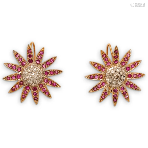 Antique 14k Gold, Diamond and Ruby Starburst Earrings